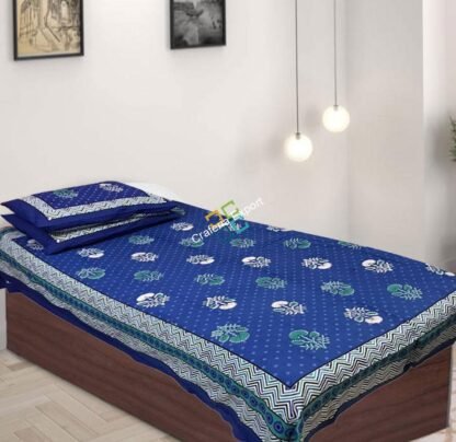 Beautiful Cotton Blue Printed Single Bedsheet with two Pillow Covers