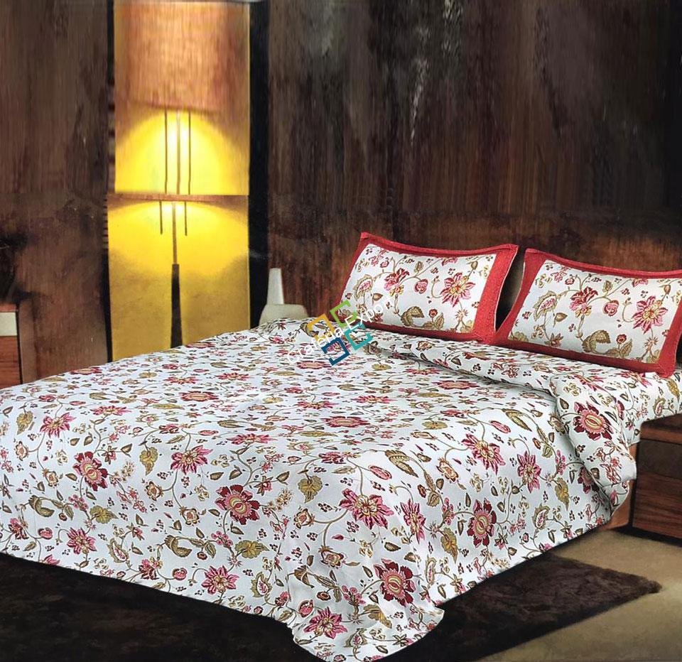 Ikkat Printed Jaipuri Double Bedsheet / Bedspread With Two Pillow Covers
