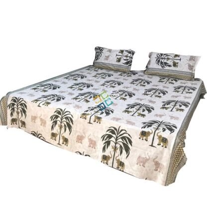 Jaipuri Elephant Tree Printed Cotton Double Bedsheet / Bedspread with Two Pillow Covers - Image 2