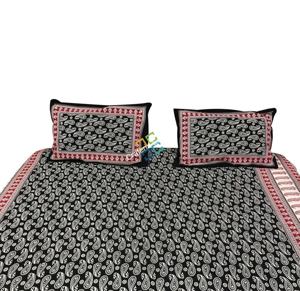Leaf Printed Jaipuri double bedsheet with border (Two Pillow Covers)