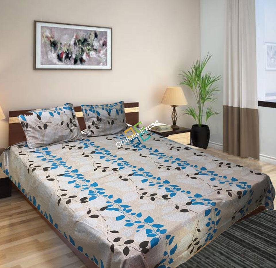 Leaf Printed cotton Double Bedsheet with two pillow covers