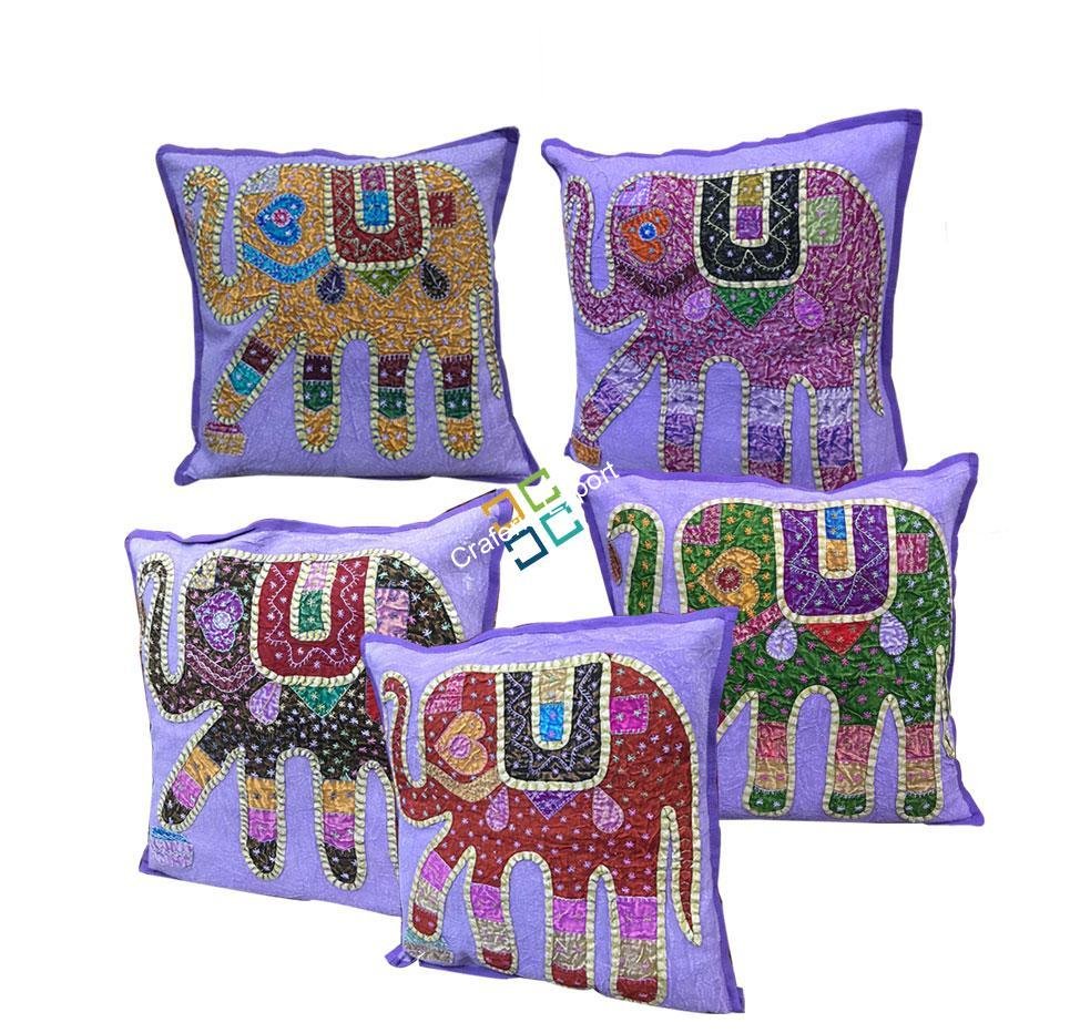 Traditional Jaipuri Elephant Jogi Patchwork Cushion Covers -Purple