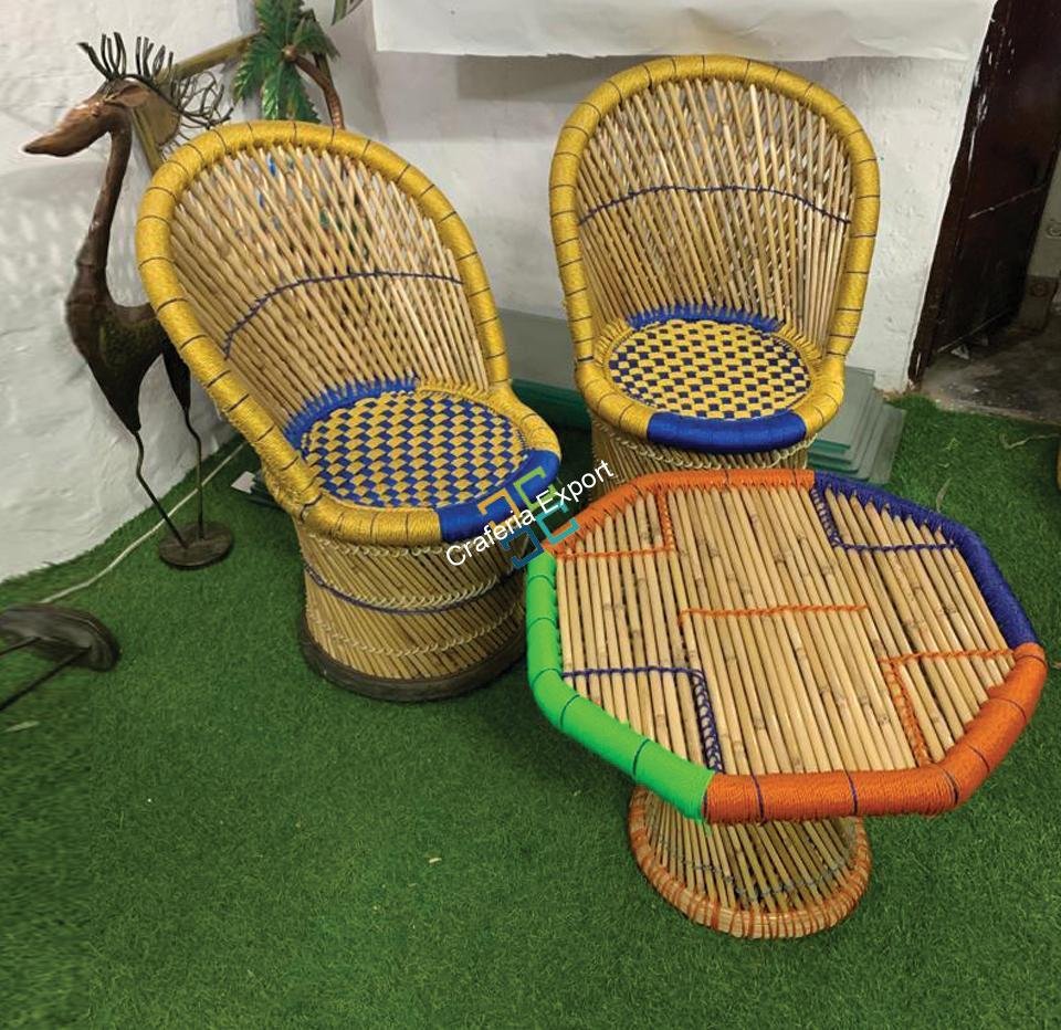 Modern Bamboo Mudha Chairs Table Furniture Set of 3 for Home, Garden Restaurant ,Resorts Use - Image 2
