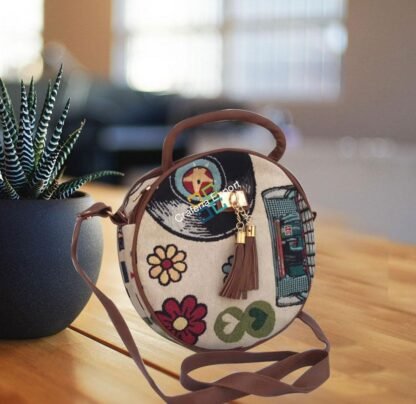 Stylish Round shape ikkat printed shoulder cross-body bag / sling bag