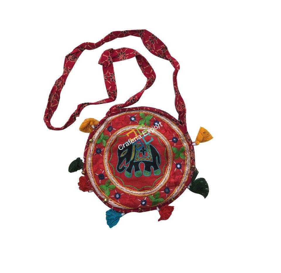 Ethnic Boho chic handmade Cotton Elephant Design Round Sling/cross bag
