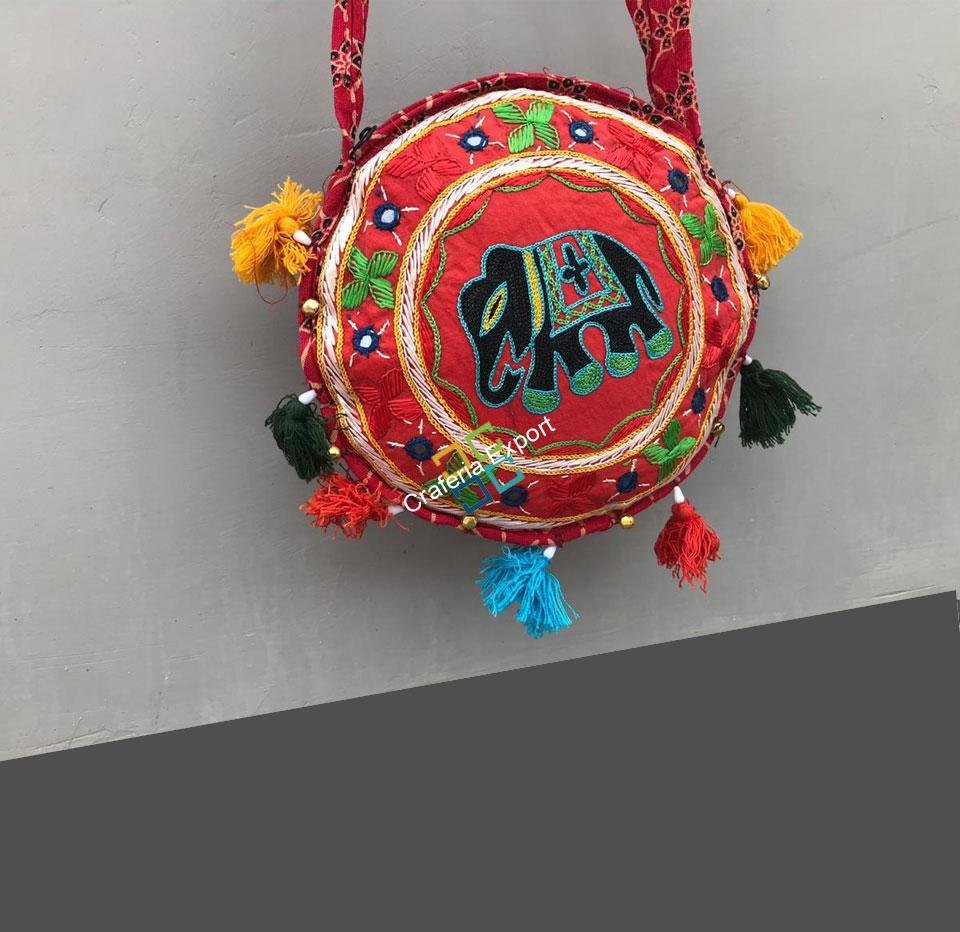 Ethnic Boho chic handmade Cotton Elephant Design Round Sling/cross bag - Image 2