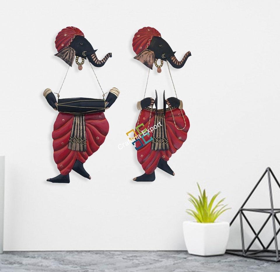 Metal lord ganesha with musical instrument wall decor Showpiece (Set of 2)