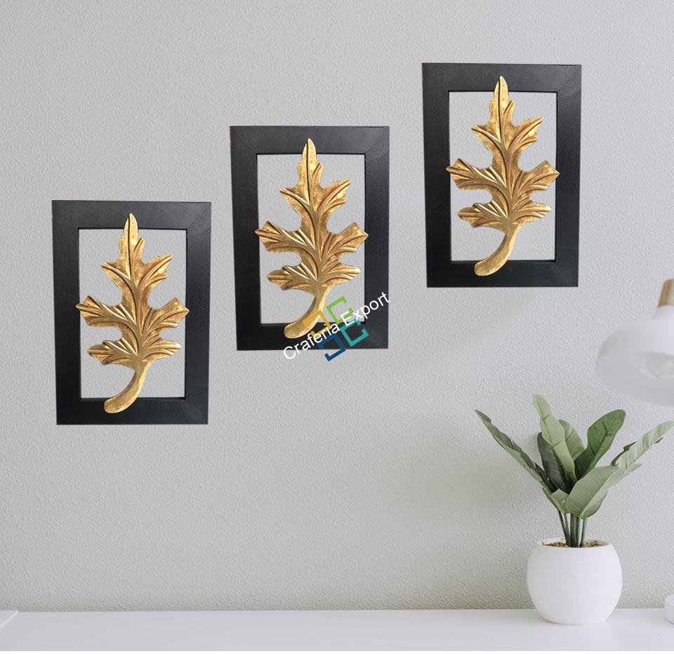 Brass Leaf On Wood Frame For Wall Decor (Set Of 3) - Image 3