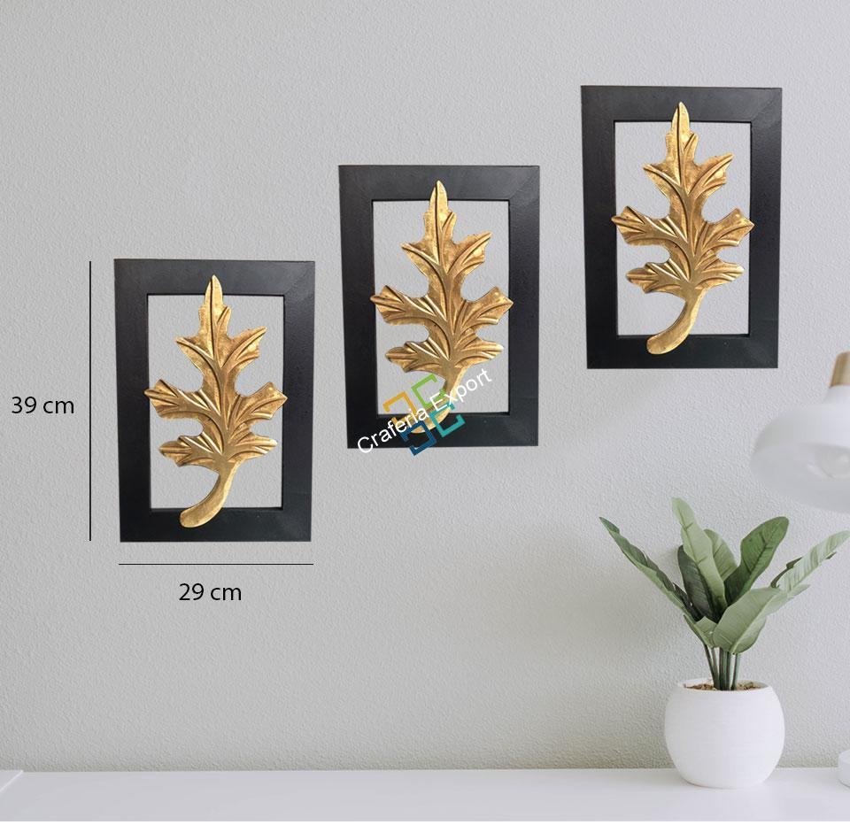 Brass Leaf On Wood Frame For Wall Decor (Set Of 3) - Image 2