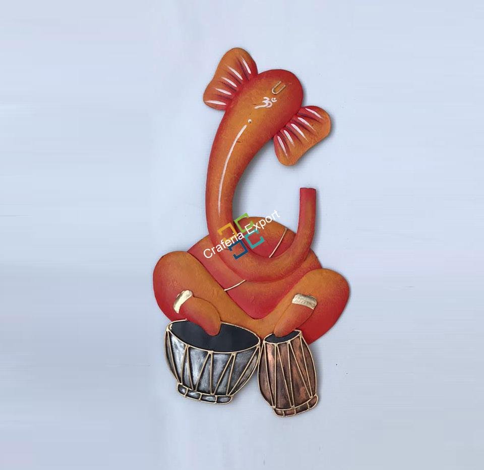 Antique Orange Ganesha palying Harmonium Wall Decor Showpiece for Home /Gifts Items - Image 3