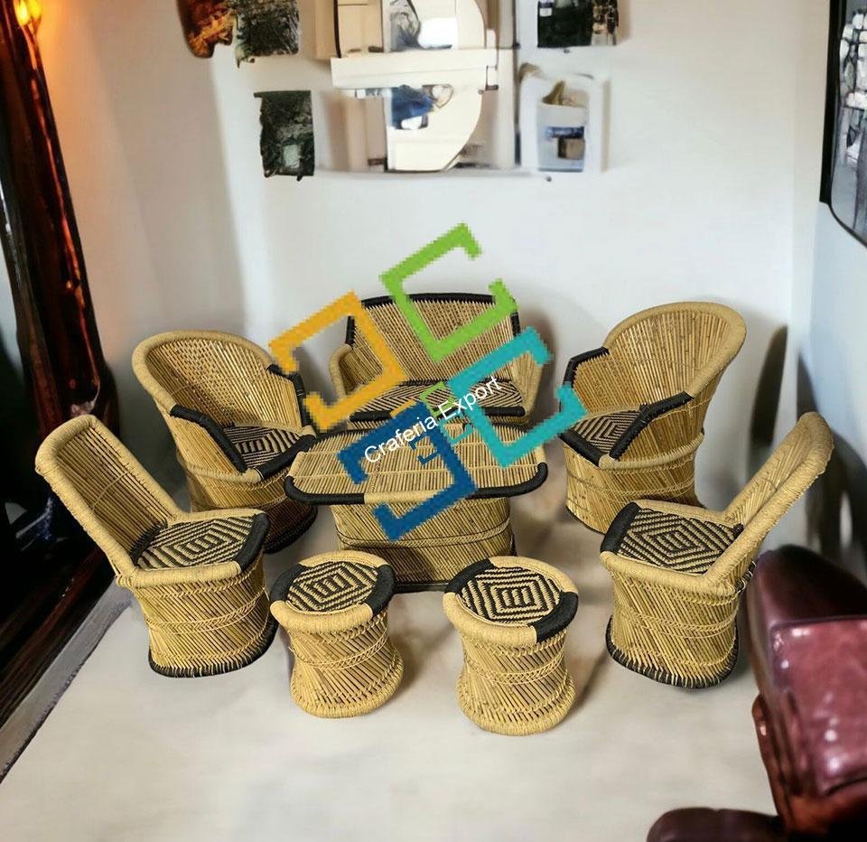 Bamboo Handmade Mudha Furniture (Set of 8) Chairs,Table Stools for living Areas of Home , Hotels , Resorts Use