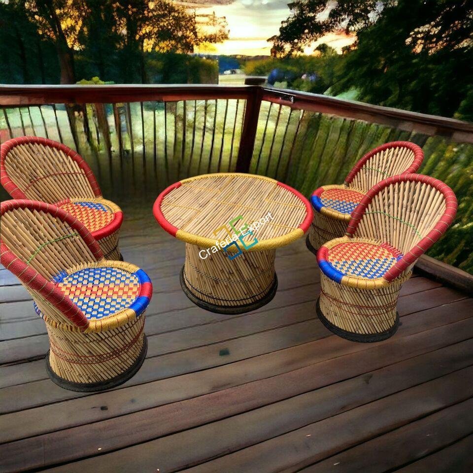 Bamboo Cane Chair Table Outdoor Furniture Set For Garden / Balcony - Image 3