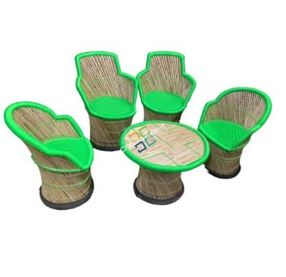 Green Colour of Cane Bamboo Chair Table Furniture set with Armrest for Outdoor and Garden Set of 5 - Image 2