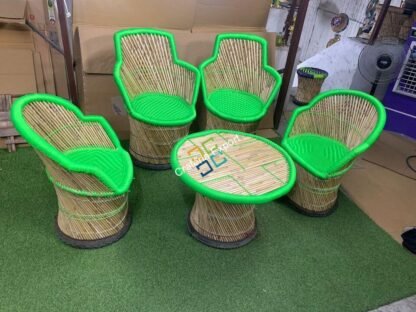 Green Colour of Cane Bamboo Chair Table Furniture set with Armrest for Outdoor and Garden Set of 5 - Image 3