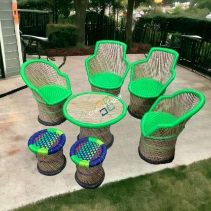 Green Colour of Cane Bamboo Chair Table Furniture set with Armrest for Outdoor and Garden Set of 5 - Image 4