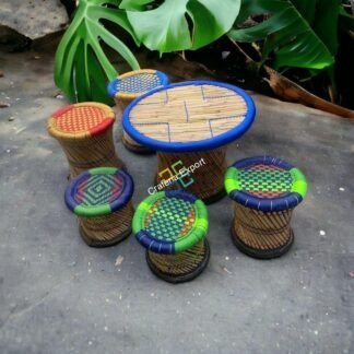 Bamboo Mudda Cane Sitting Stool with Table Outdoor Furniture set for Balcony Garden set of 6