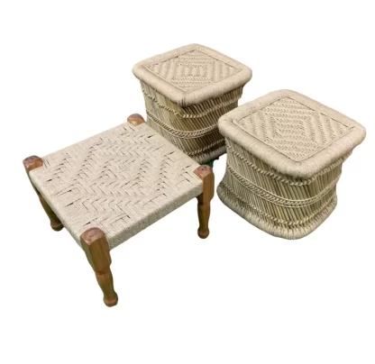 Woven wooden pidha with mudda stool for indoor and outdoor set of 3 - Image 2