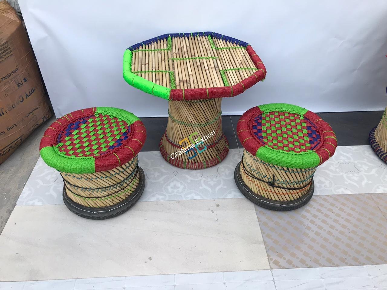 Natural bamboo mudha chair with handmade bamboo table
