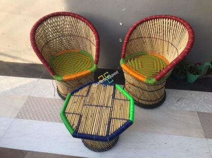 Cane Bamboo Muddha Chairs with table handmade for indoor/outdoor