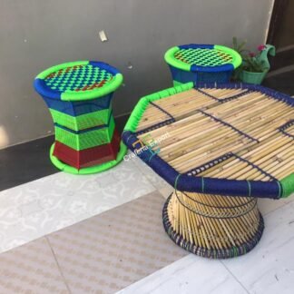 Cane bar jute stool Mudha with table Set of 3