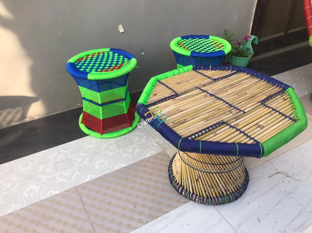 Cane bar jute stool Mudha with table Set of 3