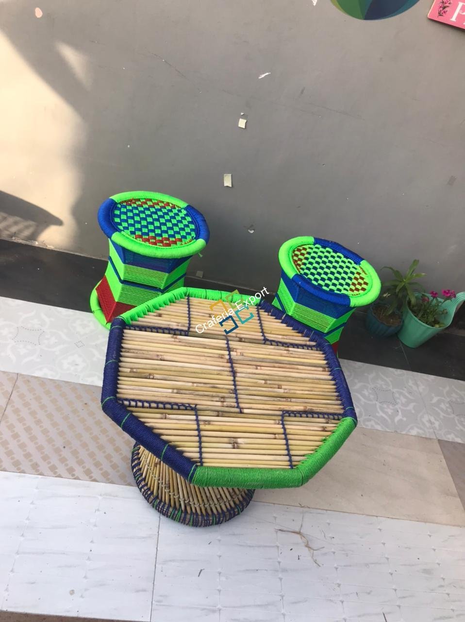 Cane bar jute stool Mudha with table Set of 3 - Image 3