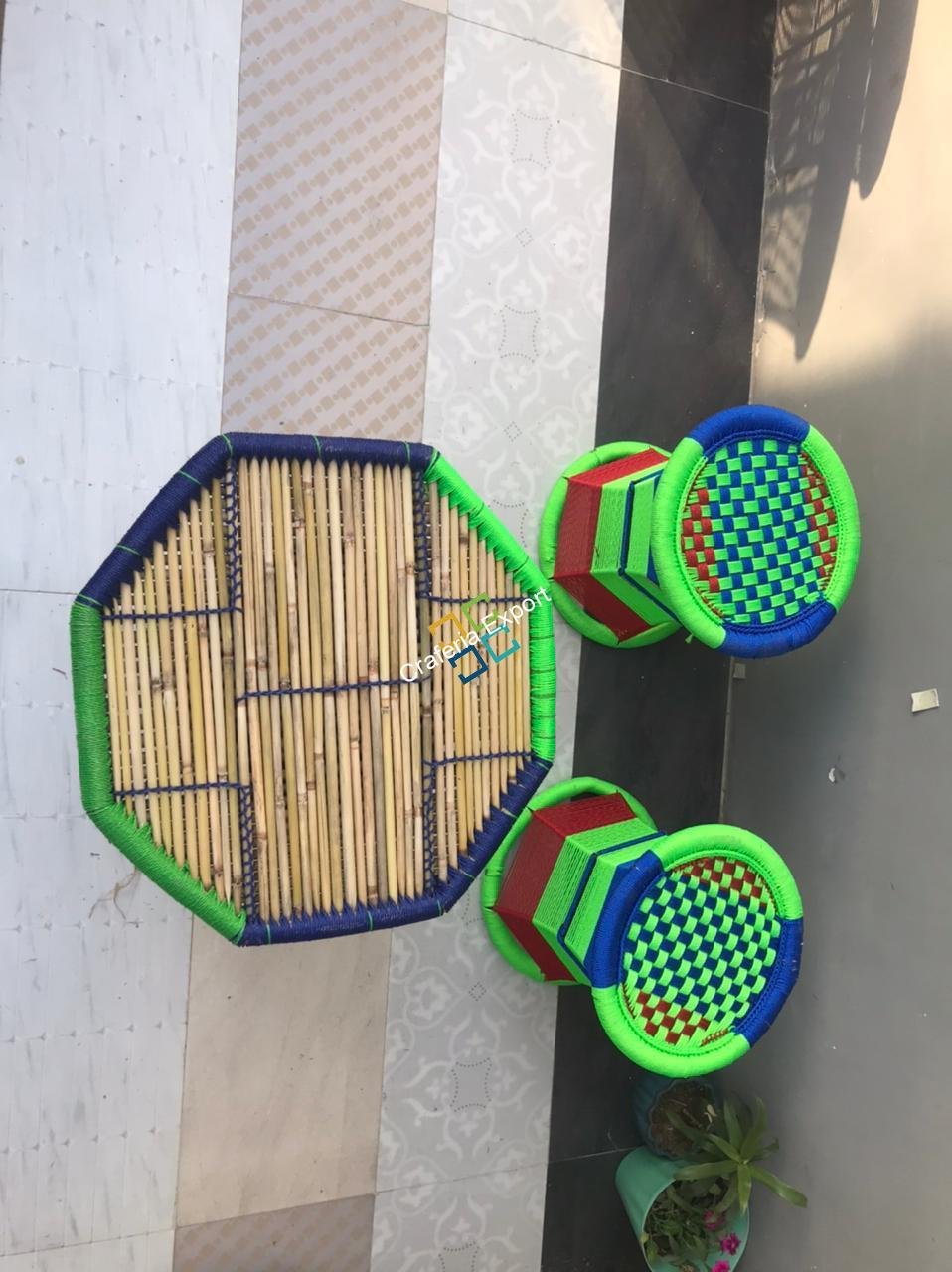 Cane bar jute stool Mudha with table Set of 3 - Image 2