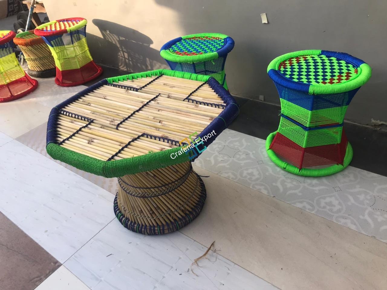 Cane bar jute stool Mudha with table Set of 3 - Image 4