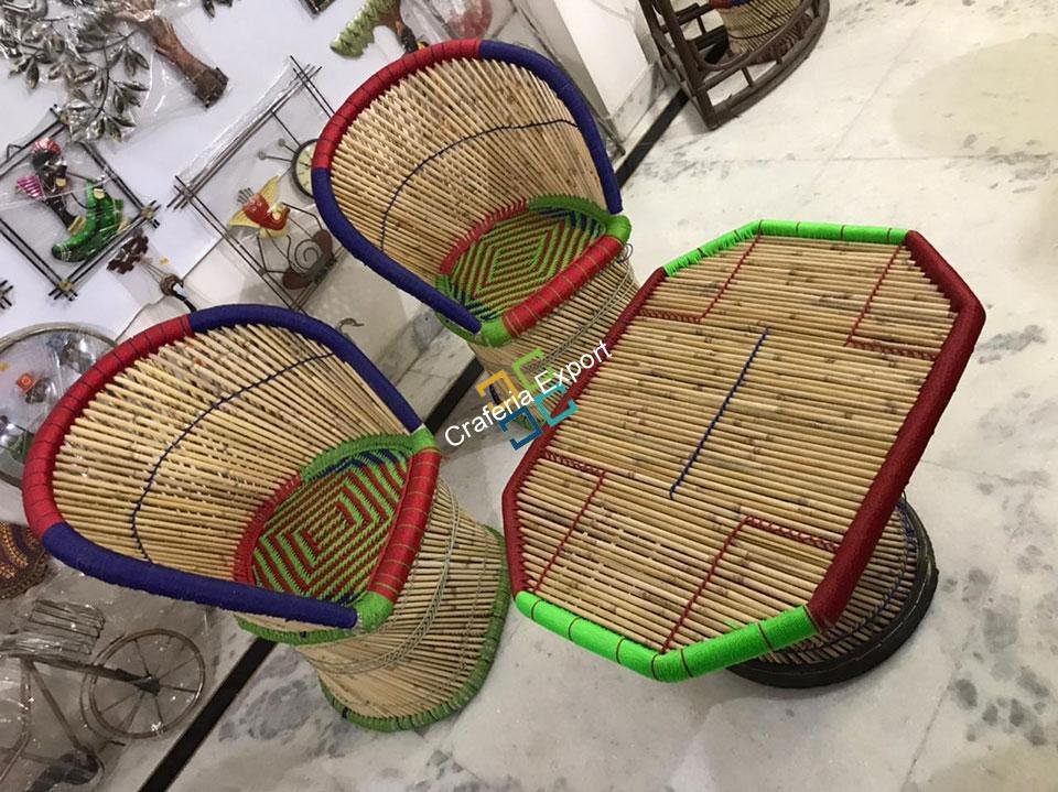 Large Cane Bamboo Mudha Chairs with Table handcrafted for Indoor/Outdoor set of 2 - Image 2