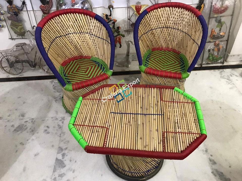 Large Cane Bamboo Mudha Chairs with Table handcrafted for Indoor/Outdoor set of 2