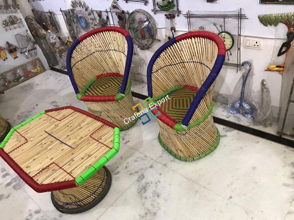 Large Cane Bamboo Mudha Chairs with Table handcrafted for Indoor/Outdoor set of 2 - Image 4
