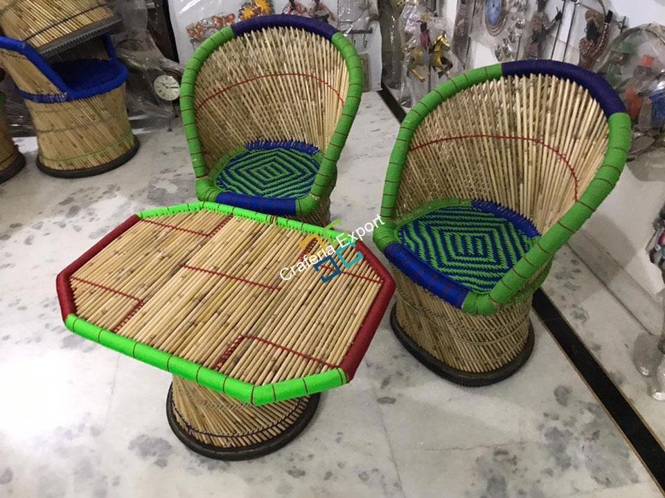 Large Cane Bamboo Mudha Chairs with Table handcrafted for Indoor/Outdoor set of 2 - Image 5