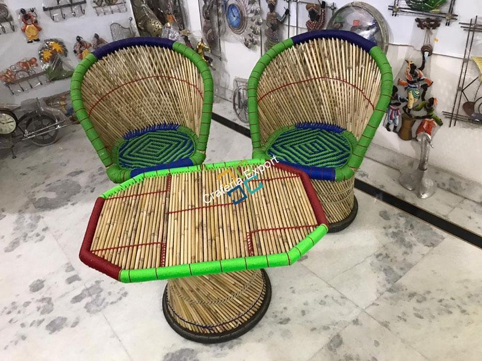 Large Cane Bamboo Mudha Chairs with Table handcrafted for Indoor/Outdoor set of 2 - Image 6