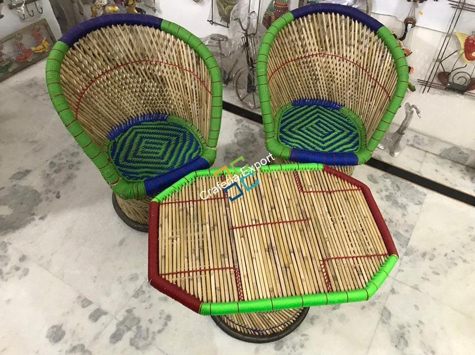 Large Cane Bamboo Mudha Chairs with Table handcrafted for Indoor/Outdoor set of 2 - Image 7