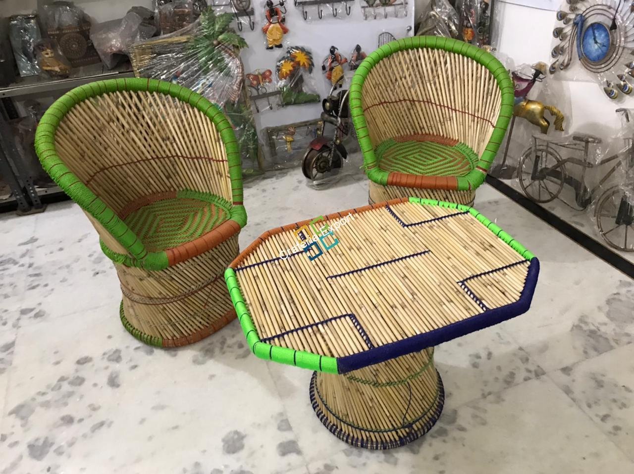 Large Cane Bamboo Mudha Chairs with Table handcrafted for Indoor/Outdoor set of 2 - Image 8