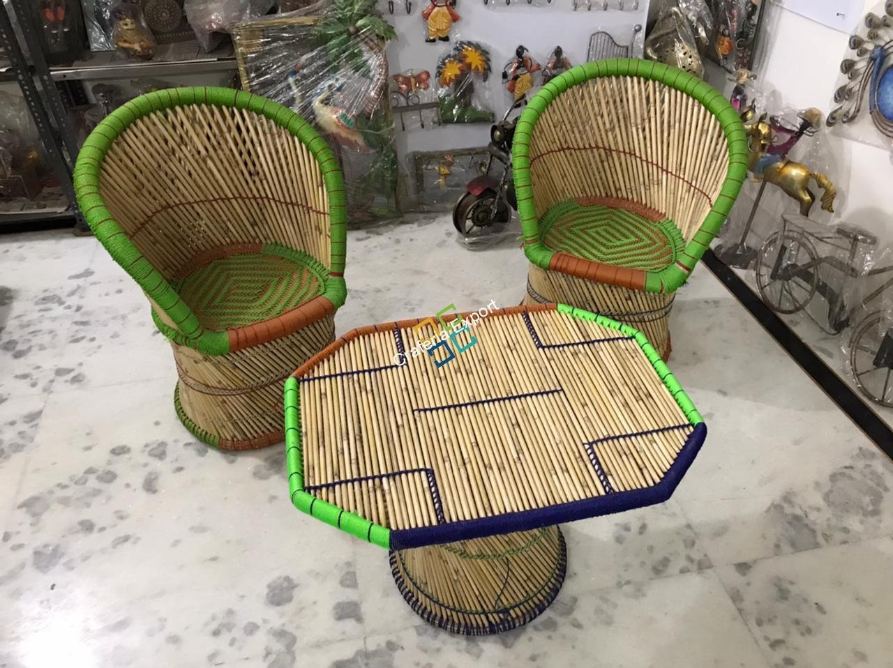 Large Cane Bamboo Mudha Chairs with Table handcrafted for Indoor/Outdoor set of 2 - Image 9