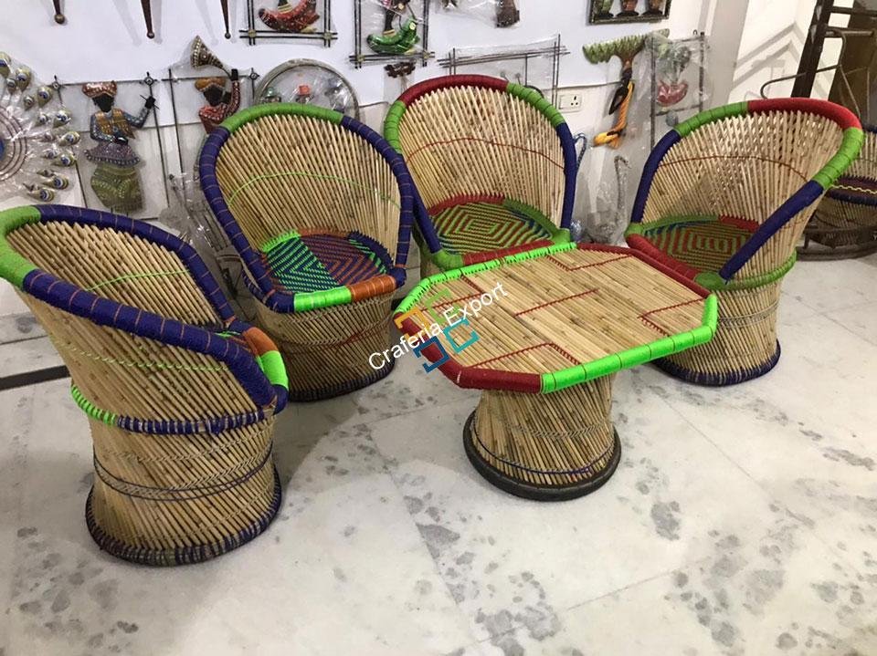 Handicraft Cane Bamboo Chairs with Table For Outdoor/Indoor Use (set of 5) - Image 3