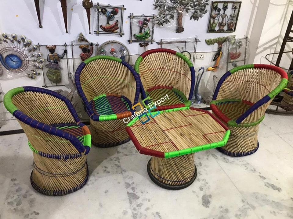 Handicraft Cane Bamboo Chairs with Table For Outdoor/Indoor Use (set of 5) - Image 4