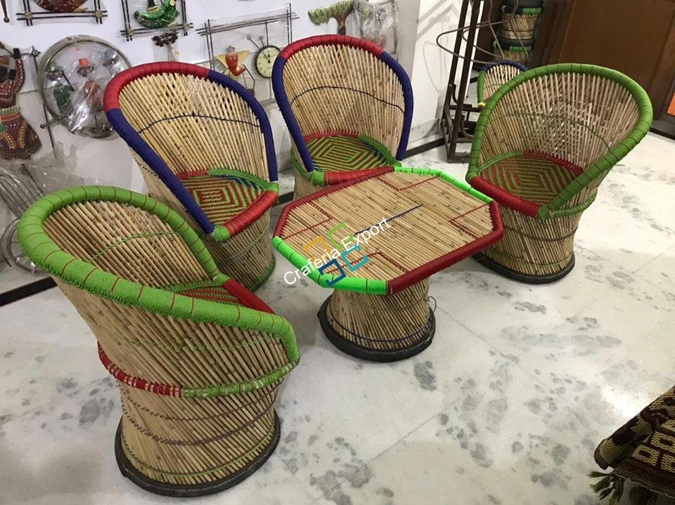 Handicraft Cane Bamboo Chairs with Table For Outdoor/Indoor Use (set of 5) - Image 5