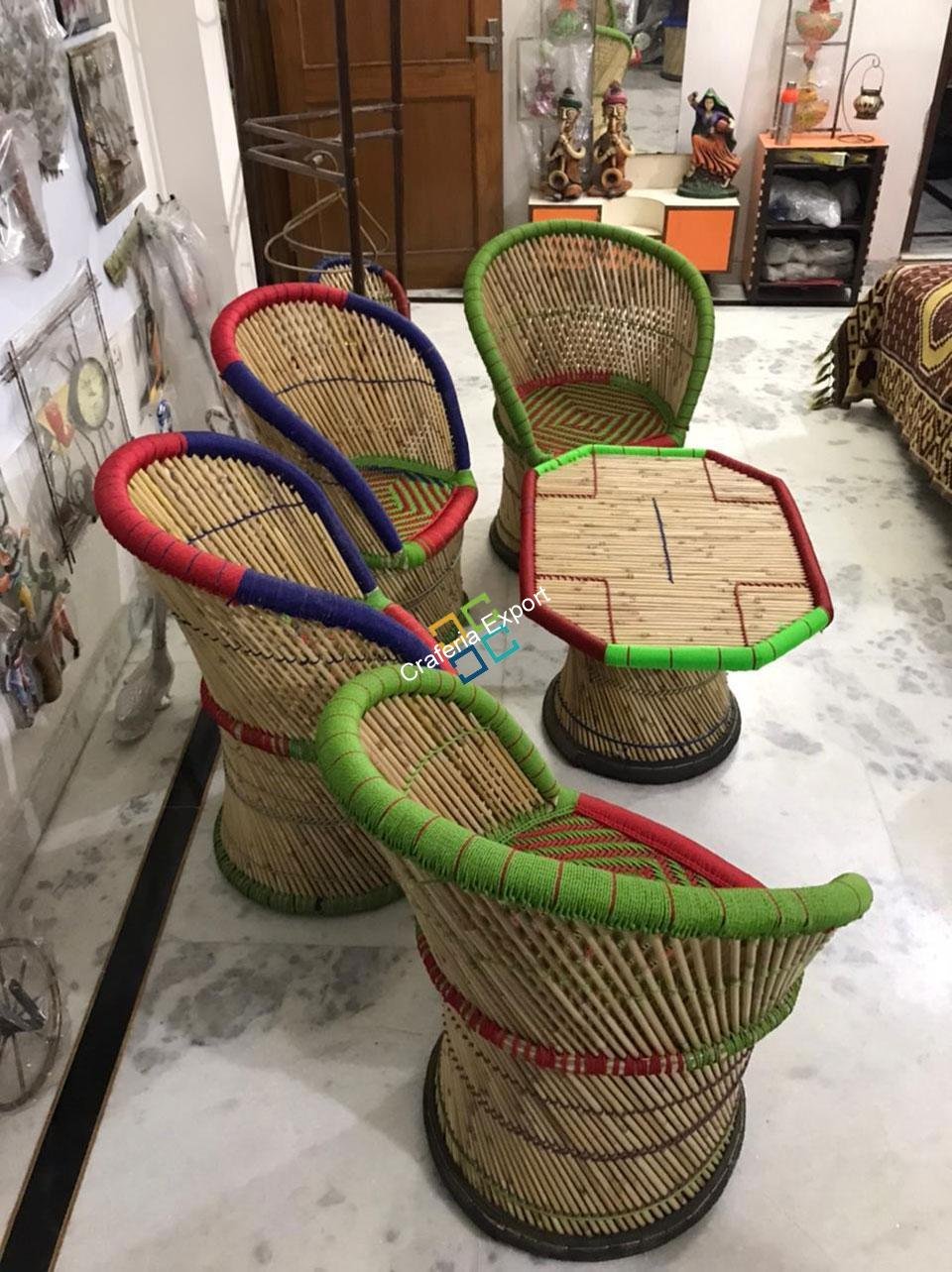 Handicraft Cane Bamboo Chairs with Table For Outdoor/Indoor Use (set of 5) - Image 6