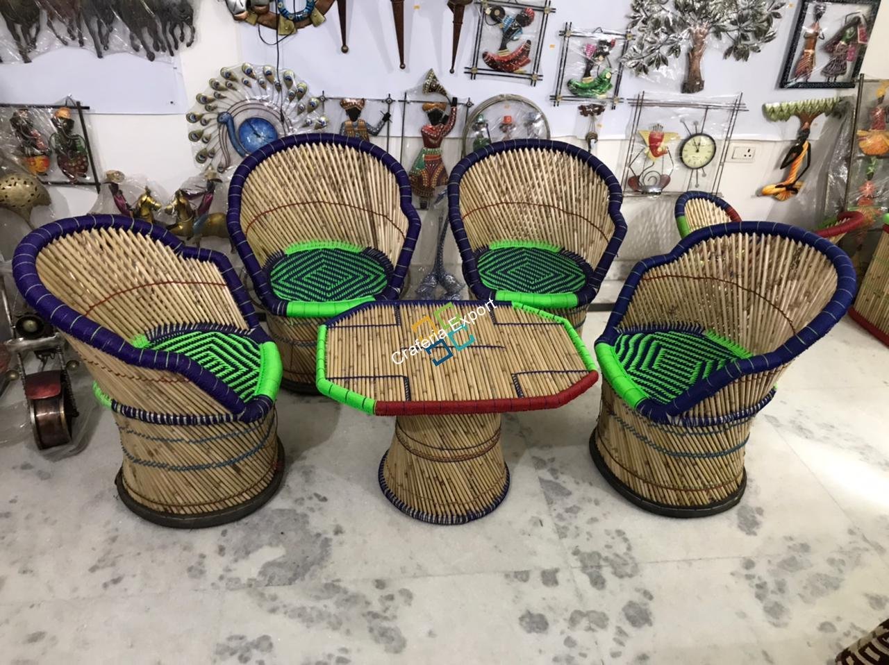 Handicraft Cane Bamboo Chairs with Table For Outdoor/Indoor Use (set of 5) - Image 9