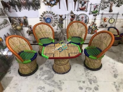Natural Bamboo Medium Mudha Chairs with Large Table For Indoor/Outdoor (Set of 5) - Image 6