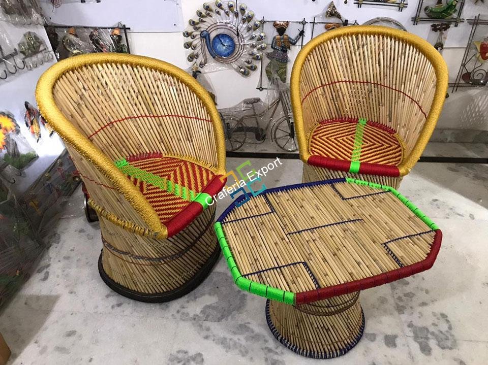 Cane Bamboo Mudha Chairs With Table Handmade For Indoor/Outdoor (xl-size) - Image 2