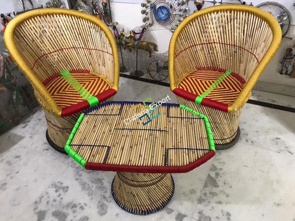 Cane Bamboo Mudha Chairs With Table Handmade For Indoor/Outdoor (xl-size)