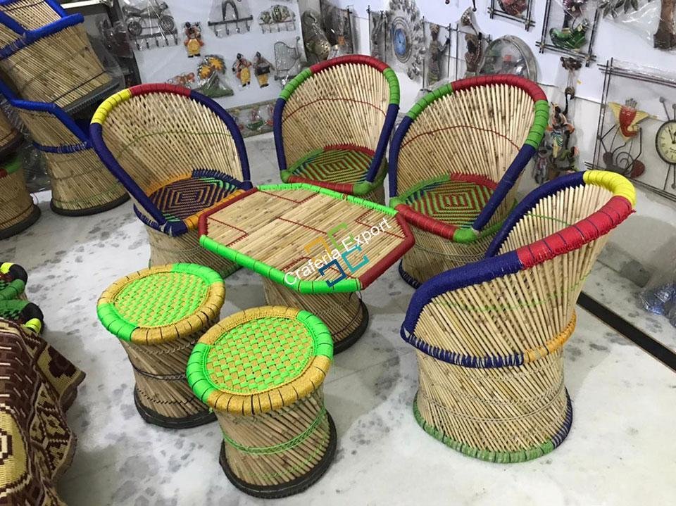 Handcrafted Bamboo large Mudha Chairs, Mudda Stools With Table For Indoor/Outdoor (Set of 7) - Image 2