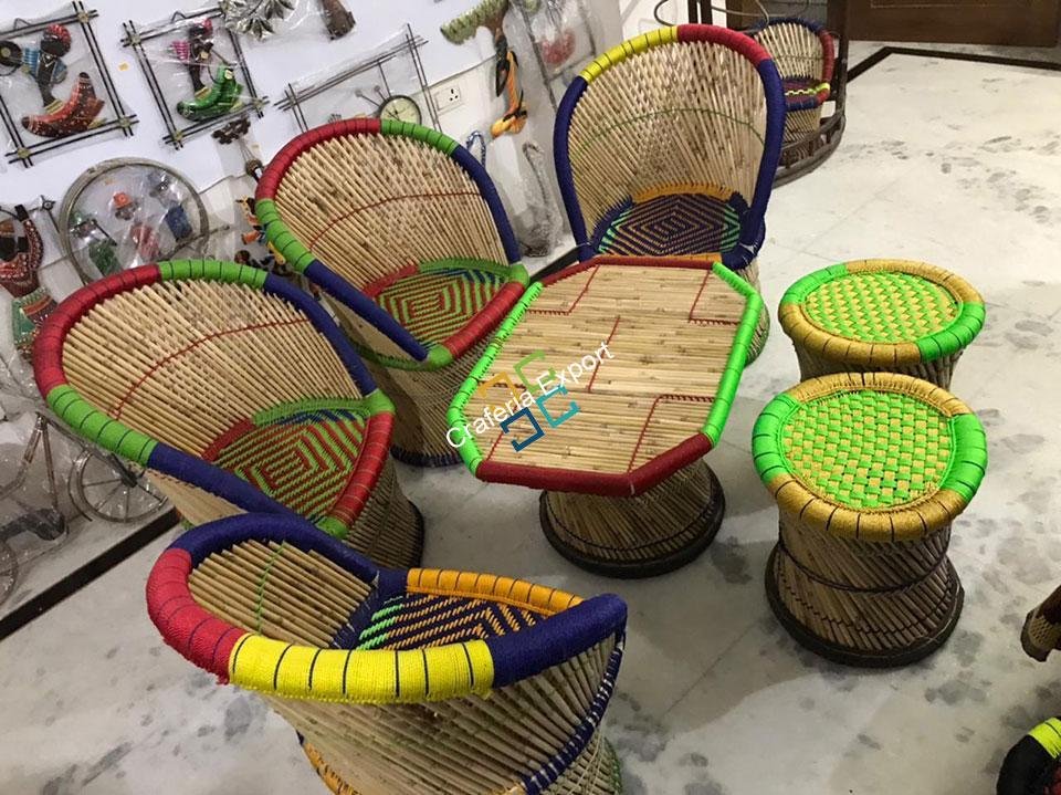 Handcrafted Bamboo large Mudha Chairs, Mudda Stools With Table For Indoor/Outdoor (Set of 7) - Image 3