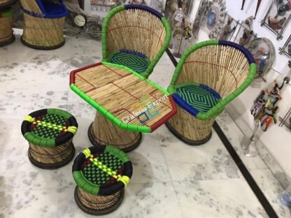Handicraft Bamboo Mudha Large Chairs, Mudda With Table  (Set of 5) - Image 2