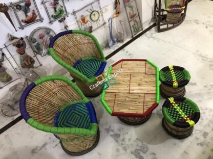 Handicraft Bamboo Mudha Large Chairs, Mudda With Table  (Set of 5) - Image 3