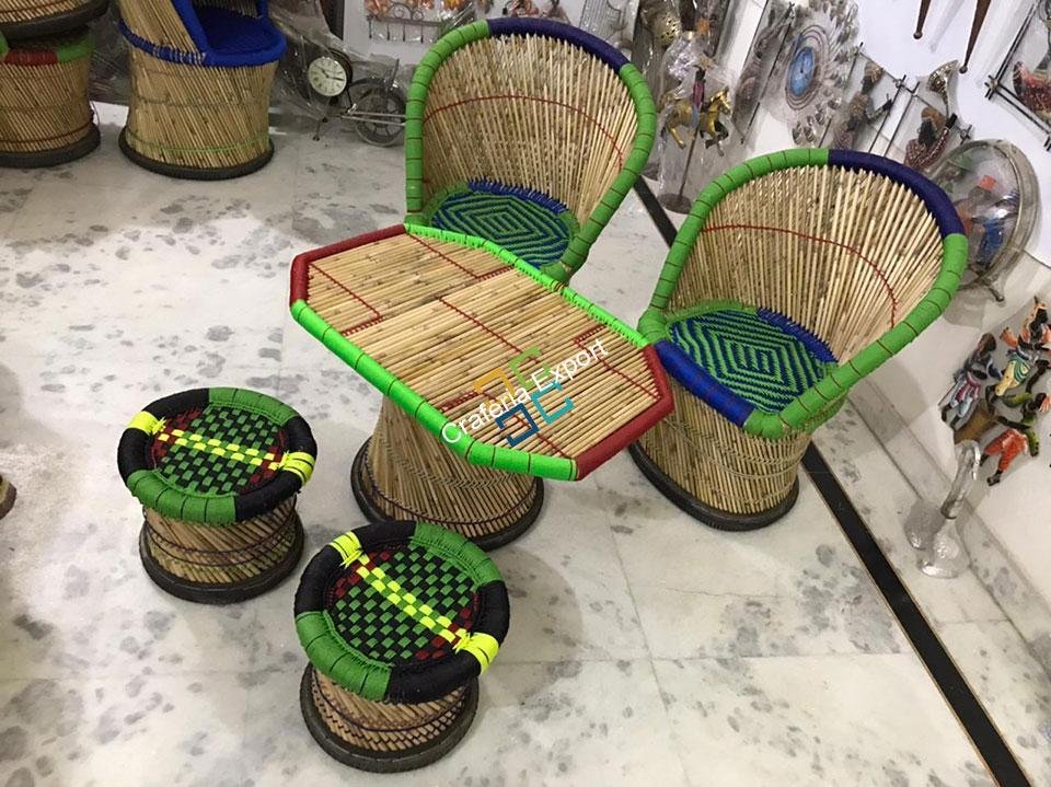 Handicraft Bamboo Mudha Large Chairs, Mudda With Table (Set of 5) - Image 4