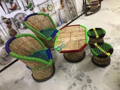 Handicraft Bamboo Mudha Large Chairs, Mudda With Table  (Set of 5) - Image 5